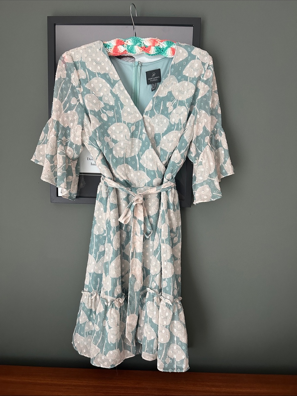 Adrianna Papell Teal and White Floral Wrap Midi Dress
